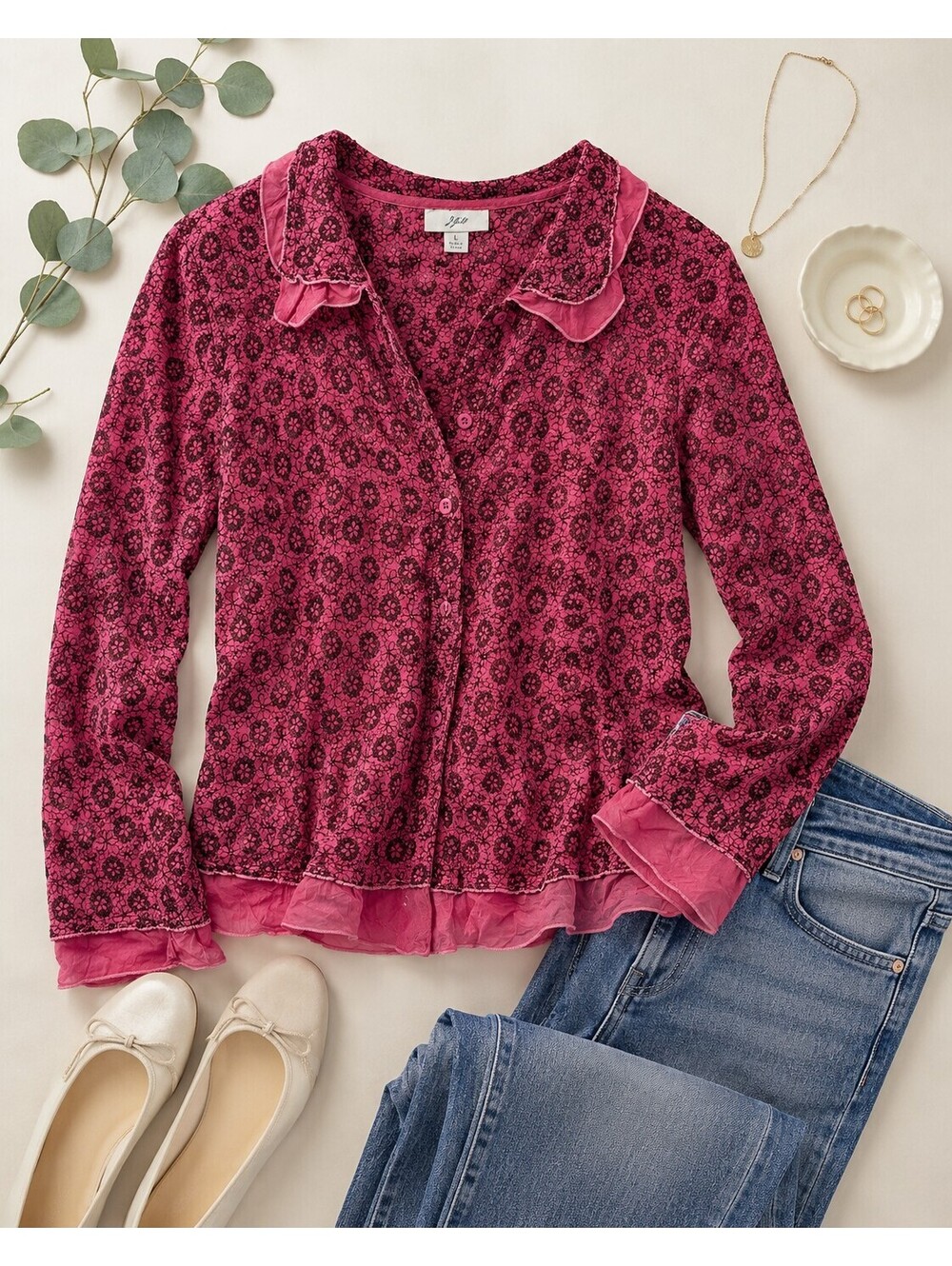 J. Jill Red Floral Textured Button Up Shirt - Women's Large
